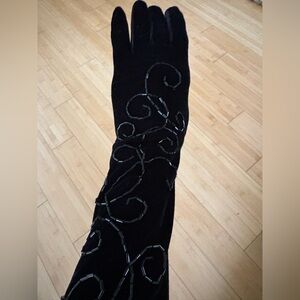Black Velvet Beaded Over the Elbow Women's Gloves